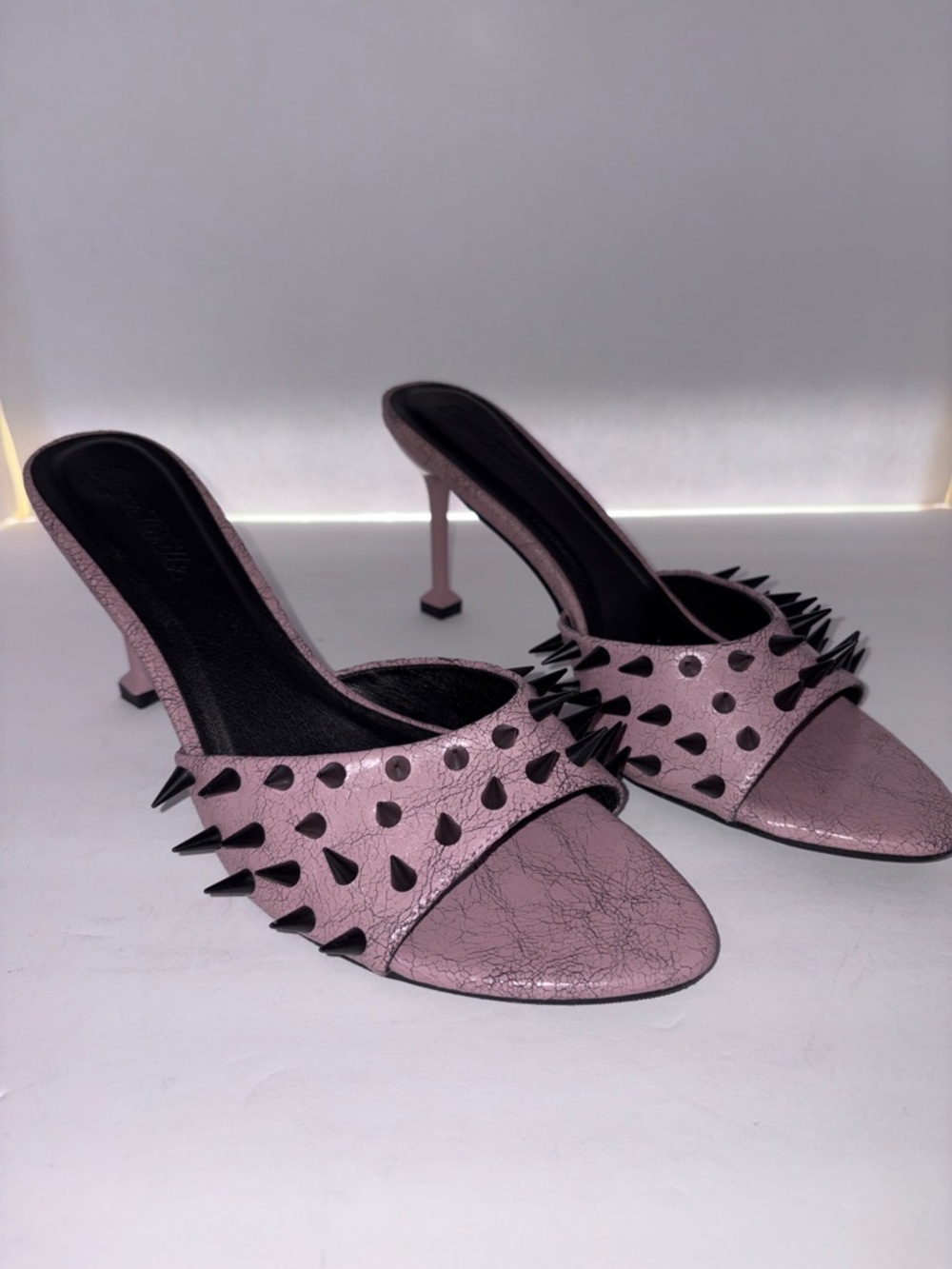 NWOB- Dolls Kill Sugar Thrillz Distressed Pink Spiked High Heel Slide Mules- 10